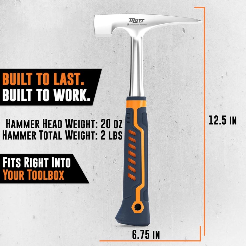 AMERICAN MUTT TOOLS Mutt Tools Professional Brick Hammer - 20oz Heavy Duty Masonry Hammer for Bricklayer Tools, Stone Hammer for Mason Work - Image 5